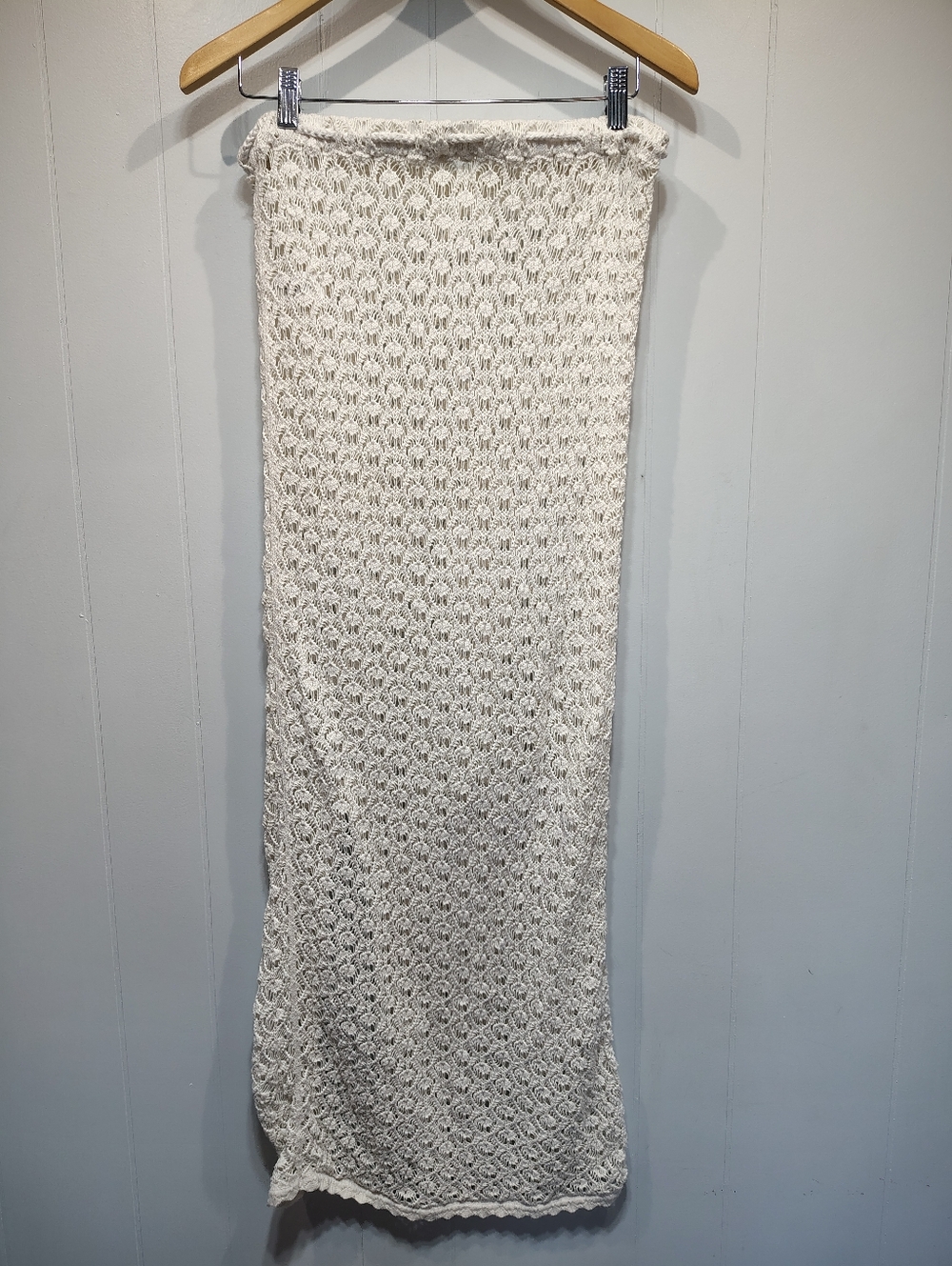 Aerie White Crochet Maxi Skirt Boho Beach Cover Up Drawstring Slit Size L Cotton - Picture 6 of 8